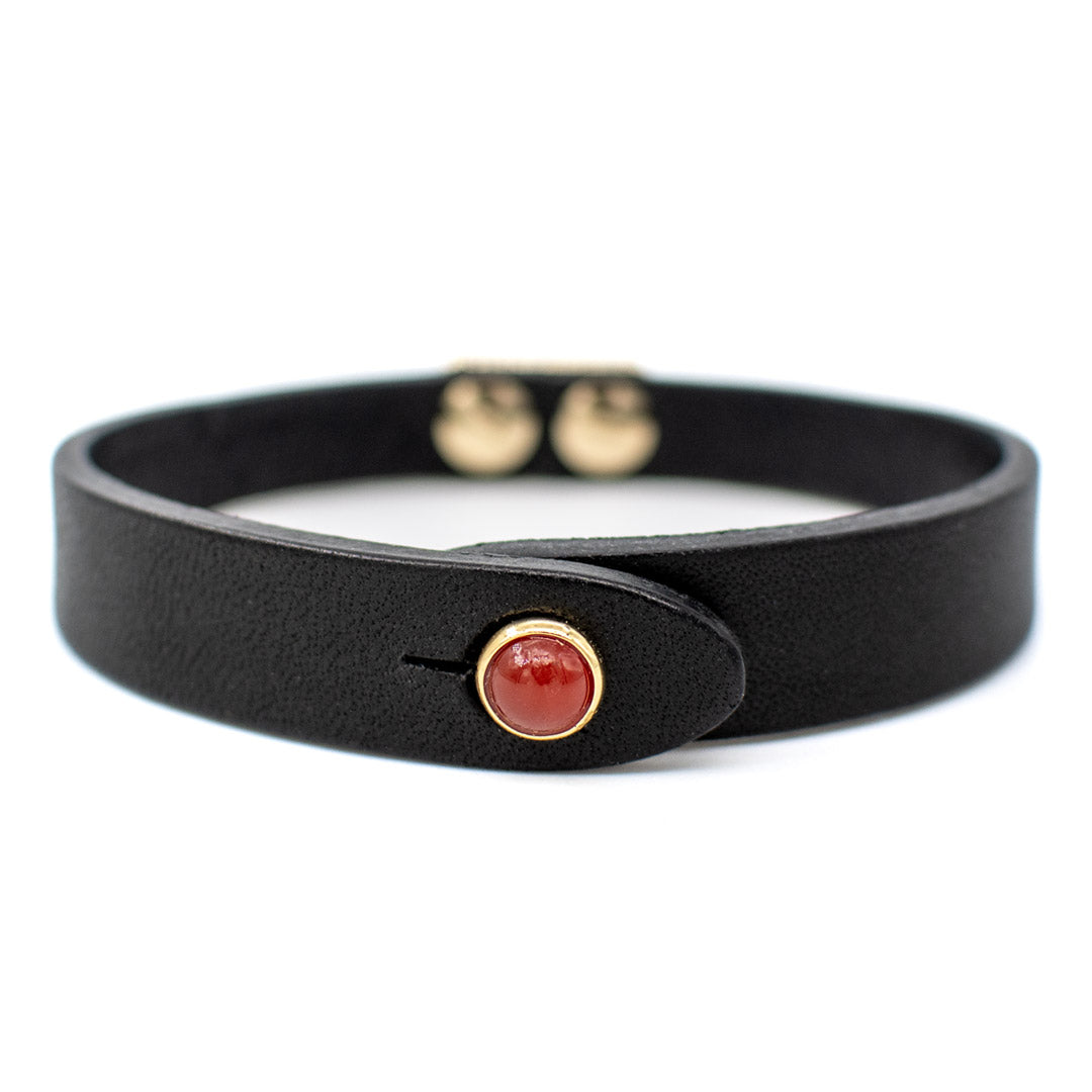 Bracciale pelle Tulsi io Agata rossa - Colore pelle nera - Finitura oro - Dettaglio pietra dura - Fatto a mano in Italia - Made in Italy