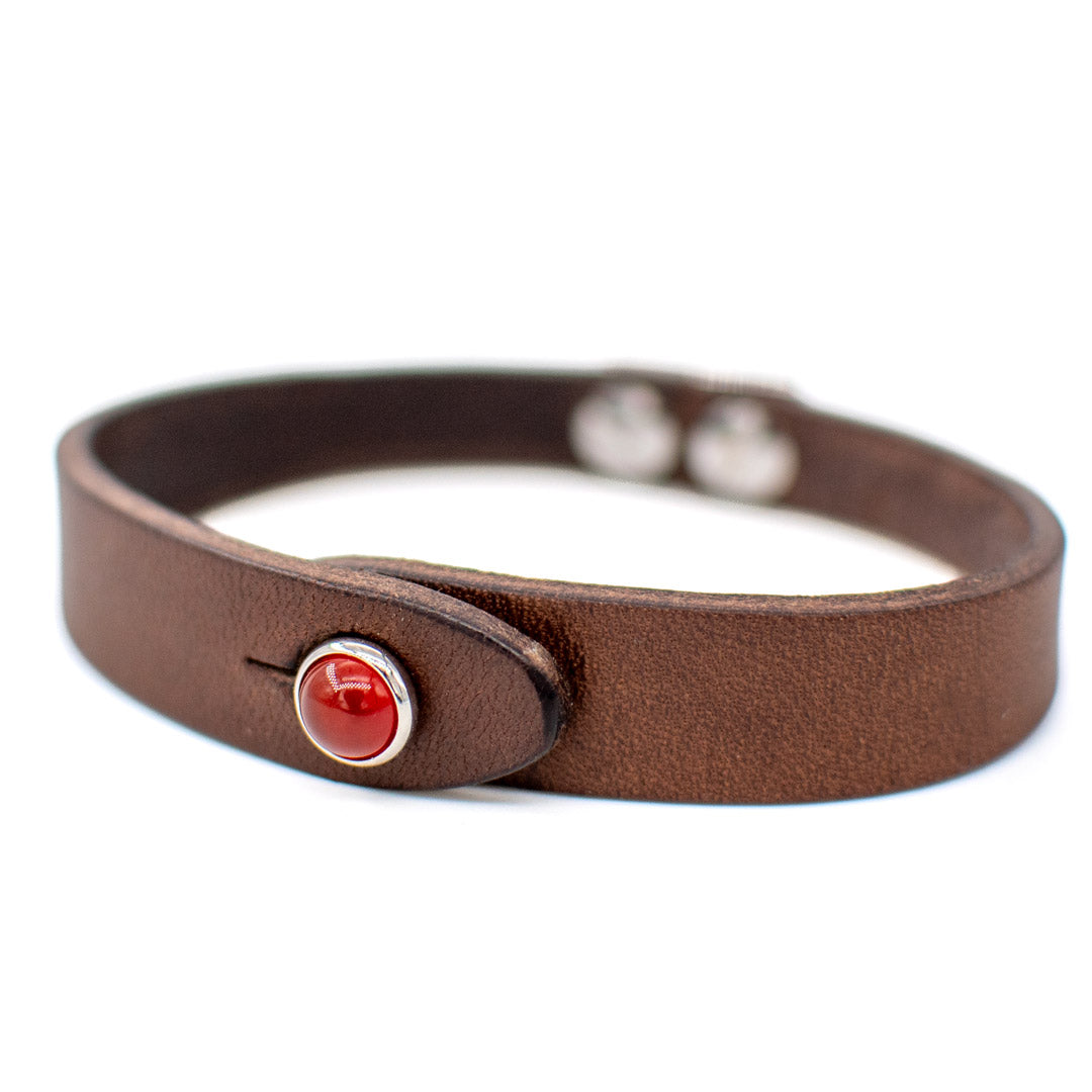 Bracciale pelle Tulsi io Agata rossa - Colore pelle marrone - Finitura palladio - Dettaglio laterale pietra dura - Fatto a mano in Italia - Made in Italy