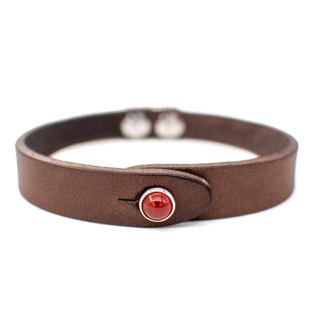 Bracciale pelle Tulsi io Agata rossa - Colore pelle marrone - Finitura palladio - Dettaglio pietra dura - Fatto a mano in Italia - Made in Italy