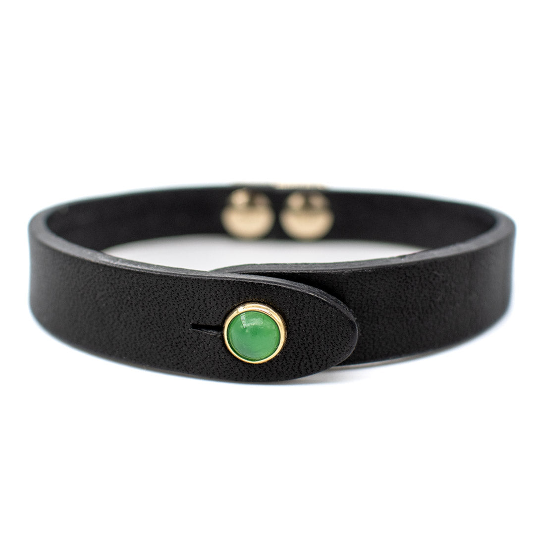 Bracciale pelle Tulsi io Agata verde -  Colore pelle nero - Finitura oro - Dettaglio pietra dura - Fatto a mano in Italia - Made in Italy