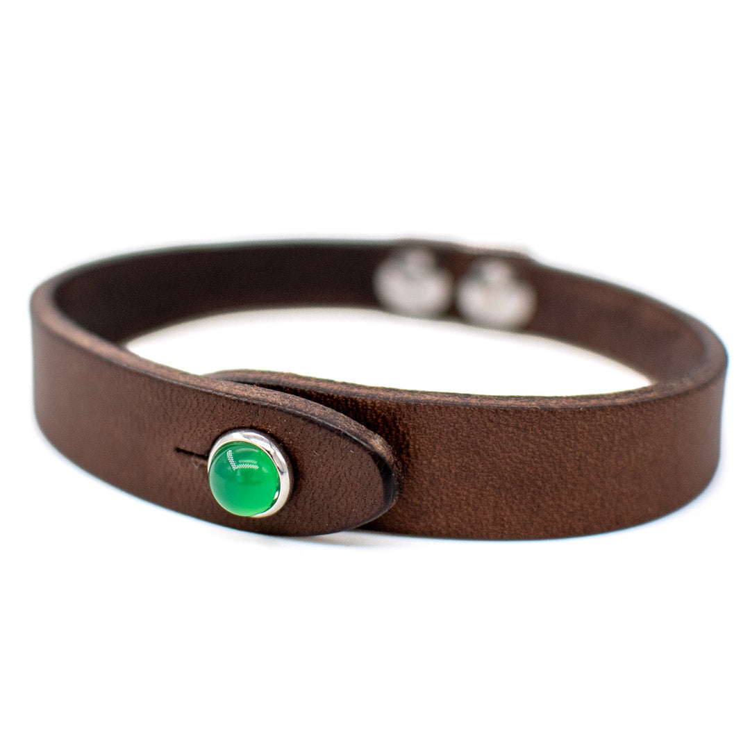 Bracciale pelle Tulsi io Agata verde - Colore pelle marrone - Finitura palladio - Dettaglio pietra dura - Fatto a mano in Italia - Made in Italy