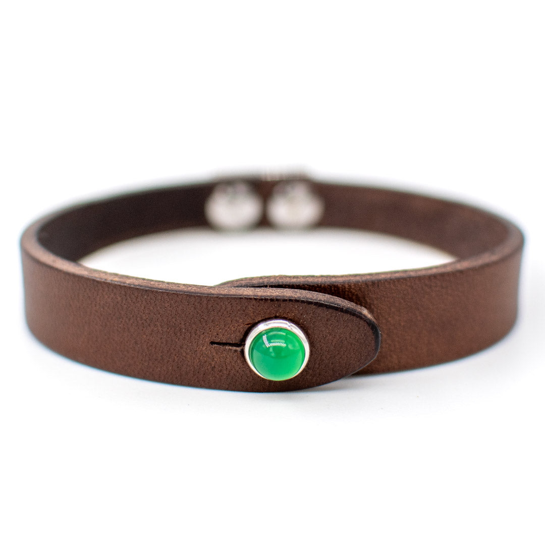 Bracciale pelle Tulsi io Agata verde - Colore pelle marrone - Finitura palladio - Dettaglio pietra dura - Fatto a mano in Italia - Made in Italy