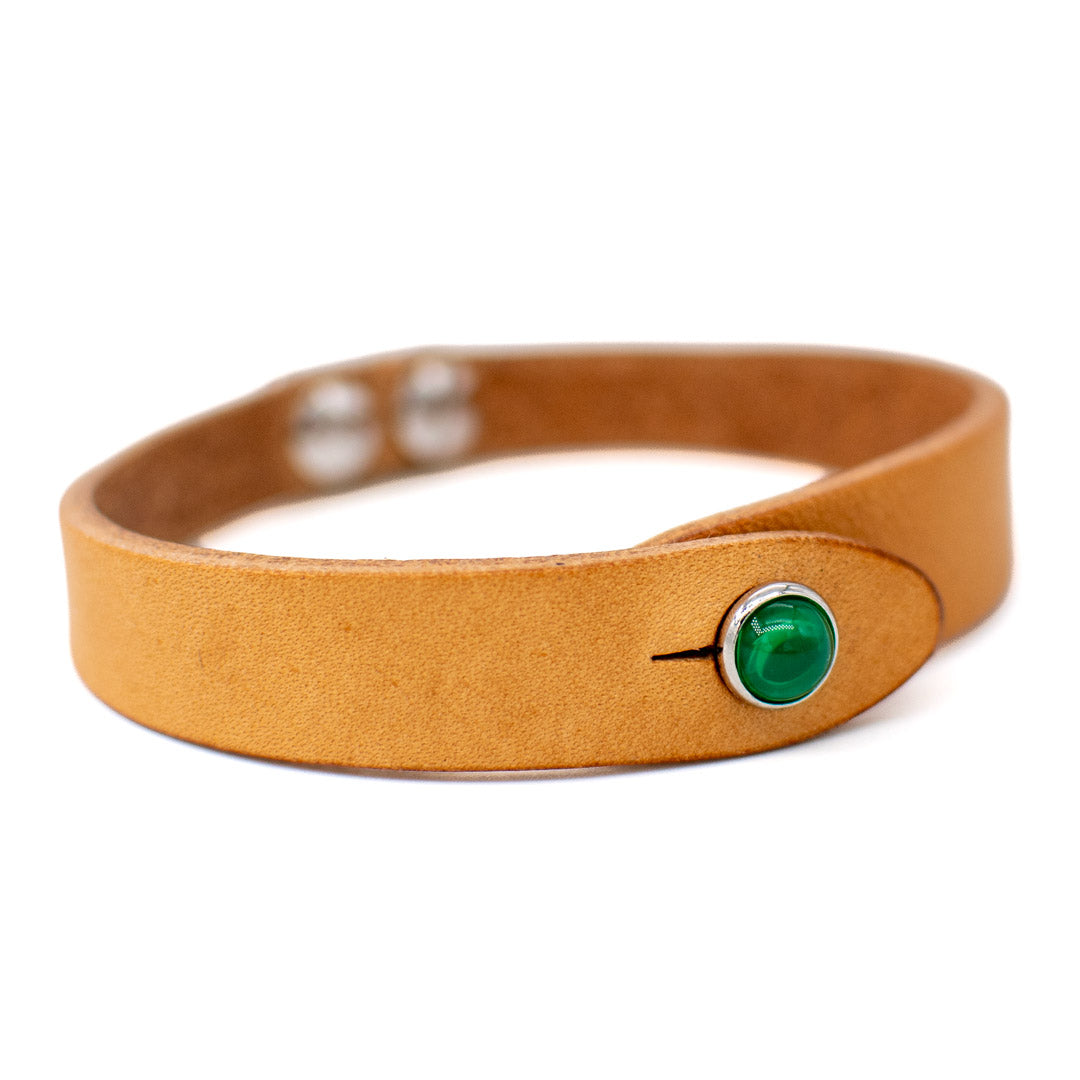 Bracciale pelle Tulsi io Agata verde - Dettaglio pietra dura - Colore pelle naturale - Finitura palladio - Fatto a mano in Italia - Made in Italy