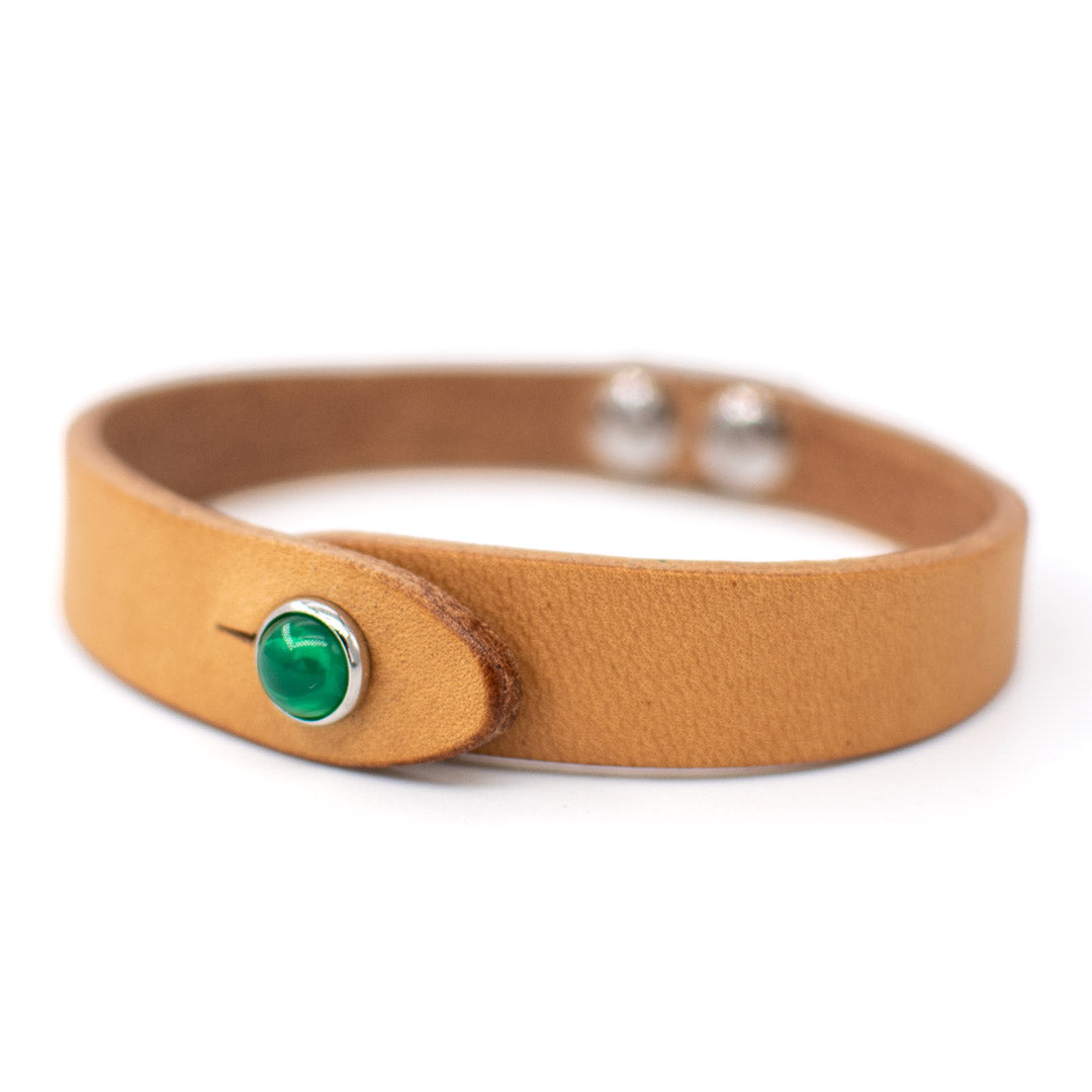 Bracciale pelle Tulsi io Agata verde - Colore pelle naturale - Finitura palladio - Dettaglio pietra dura - Fatto a mano in Italia - Made in Italy