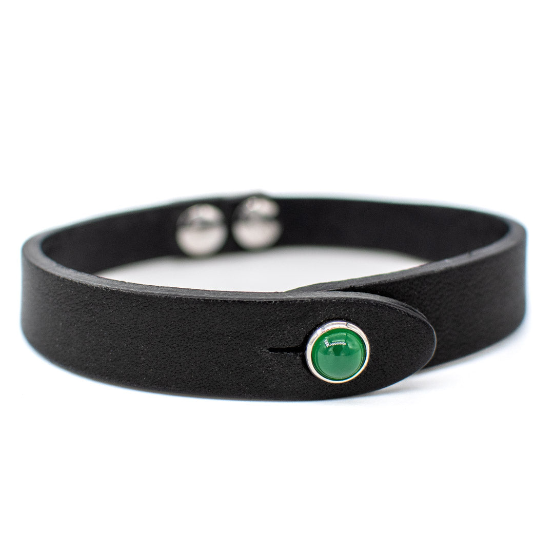 Bracciale pelle Tulsi io Agata verde - Colore pelle nero - Finitura palladio - Dettaglio pietra dura - Fatto a mano in Italia - Made in Italy