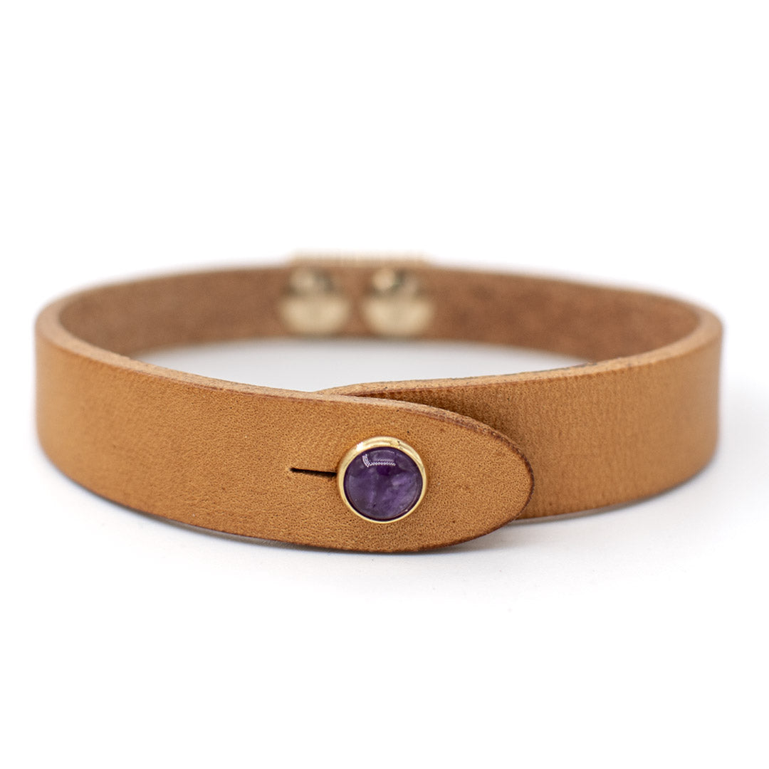 Bracciale pelle Tulsi io Ametista - Colore pelle naturale - Finitura oro - Dettaglio pietra dura - Fatto a mano in Italia - Made in Italy