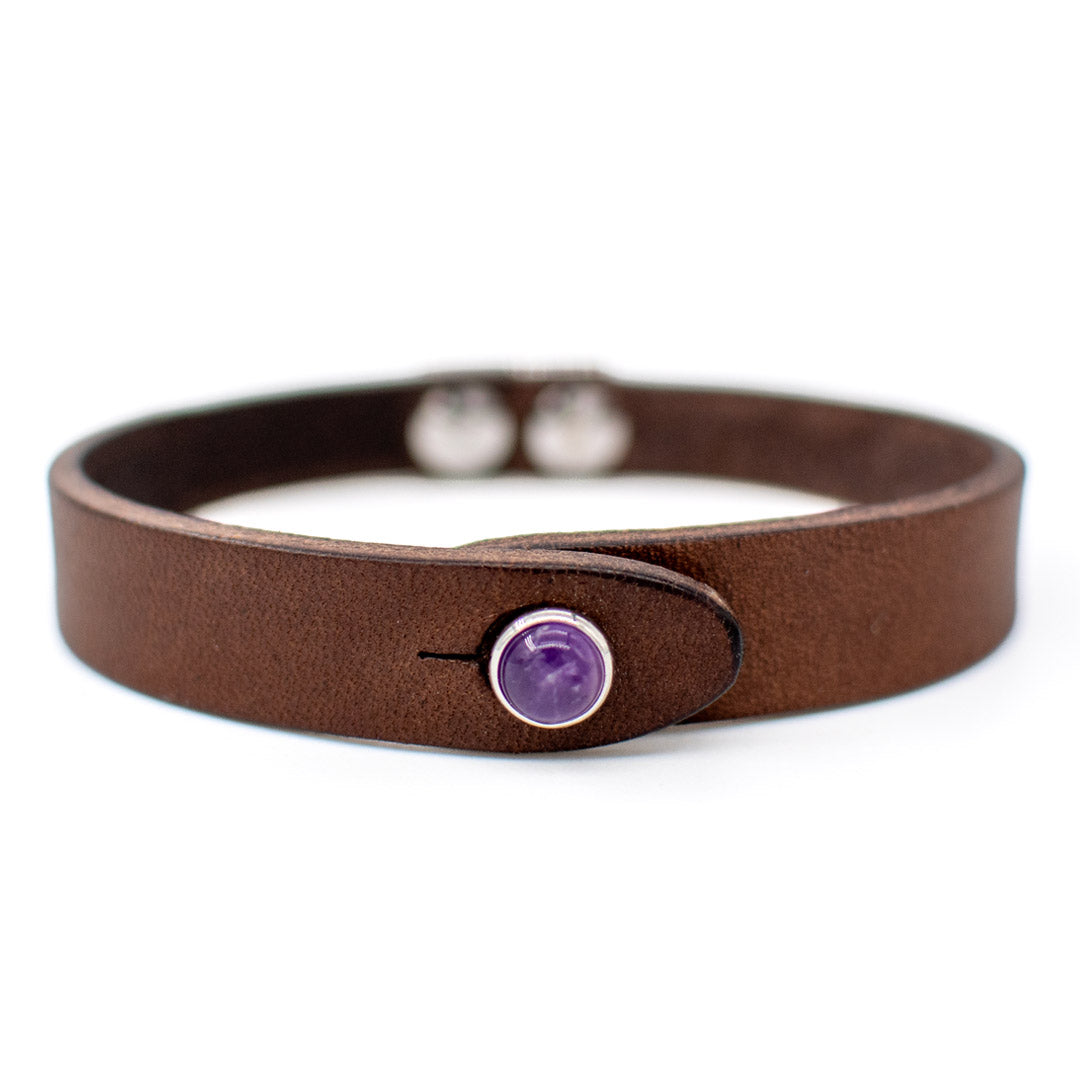 Bracciale pelle Tulsi io Ametista - Colore pelle marrone - Finitura palladio - Dettaglio pietra dura - Fatto a mano in Italia - Made in Italy