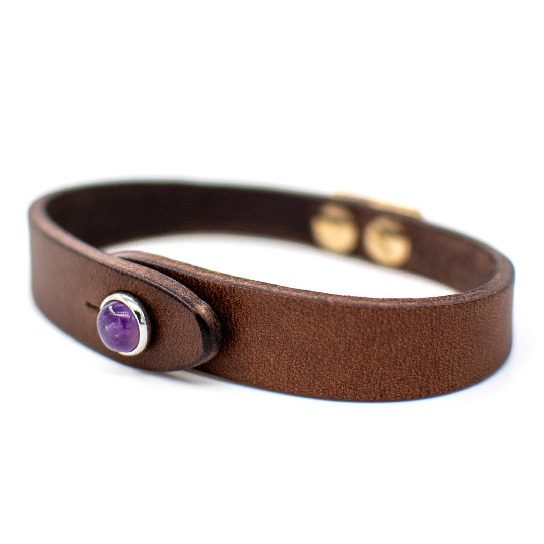 Bracciale pelle Tulsi io Ametista - Colore pelle marrone - Finitura palladio - Dettaglio pietra dura - Fatto a mano in Italia - Made in Italy