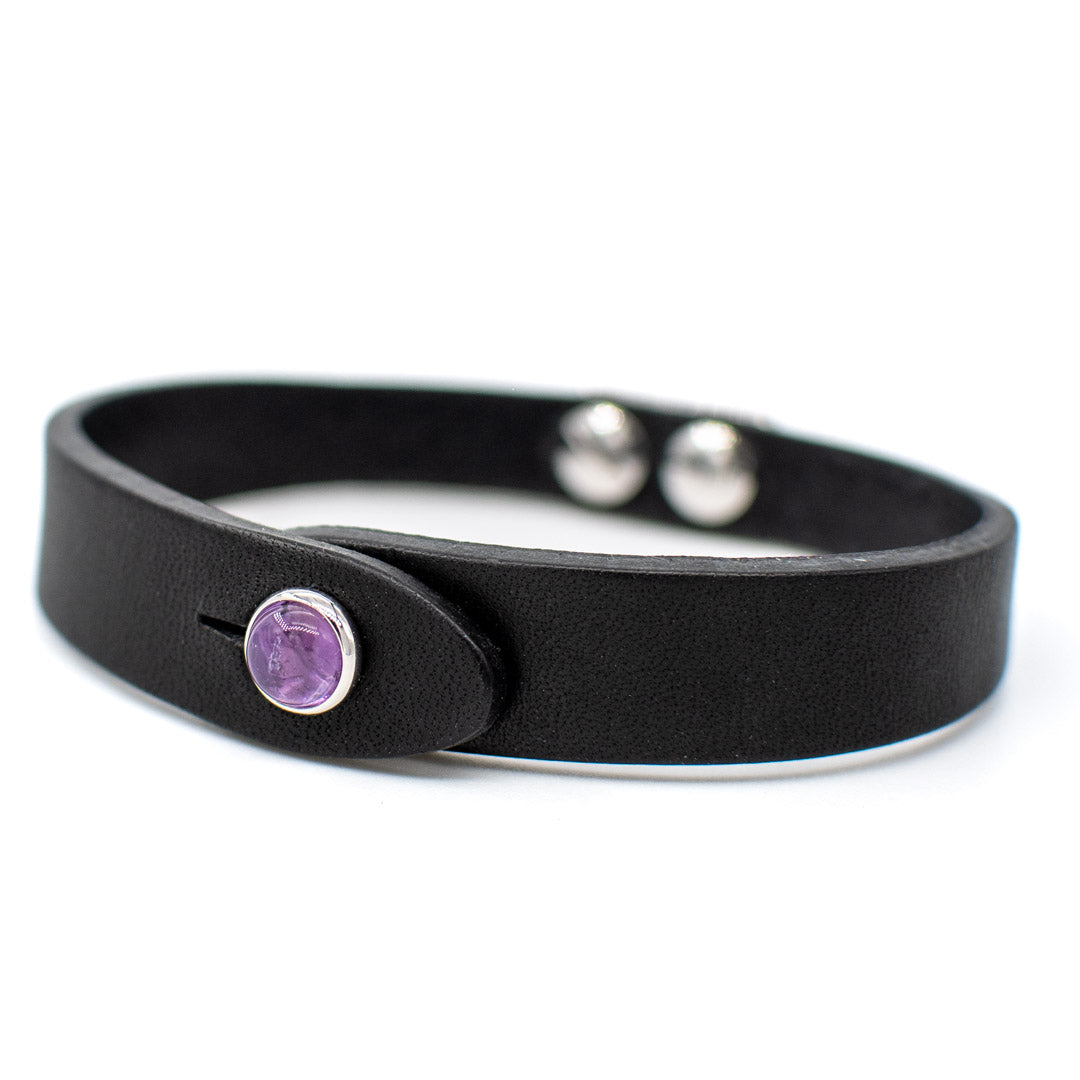 Bracciale pelle Tulsi io Ametista - Colore pelle nero - Finitura palladio - Dettaglio pietra dura - Fatto a mano in Italia - Made in Italy
