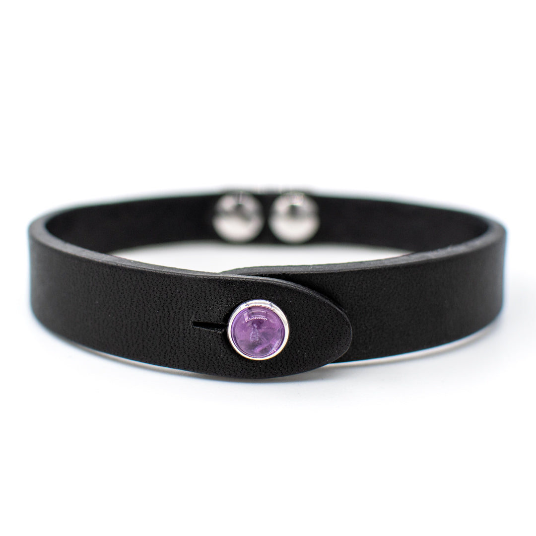 Bracciale pelle Tulsi io Ametista -  Colore pelle nero - Finitura palladio - Dettaglio pietra dura - Fatto a mano in Italia - Made in Italy