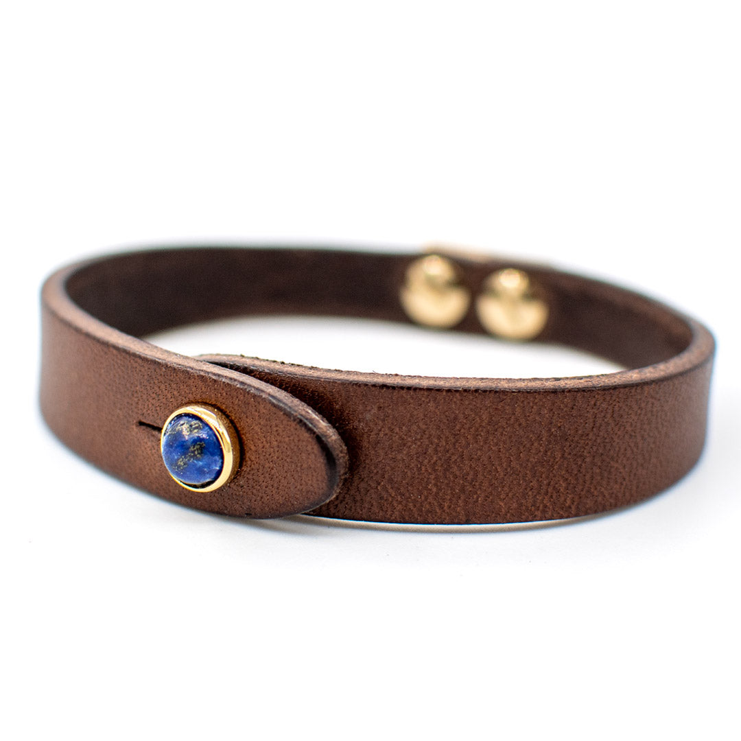 Bracciale pelle Tulsi io Lapislazzuli - Colore pelle marrone - Finitura oro - Dettaglio pietra dura - Fatto a mano in Italia - Made in Italy