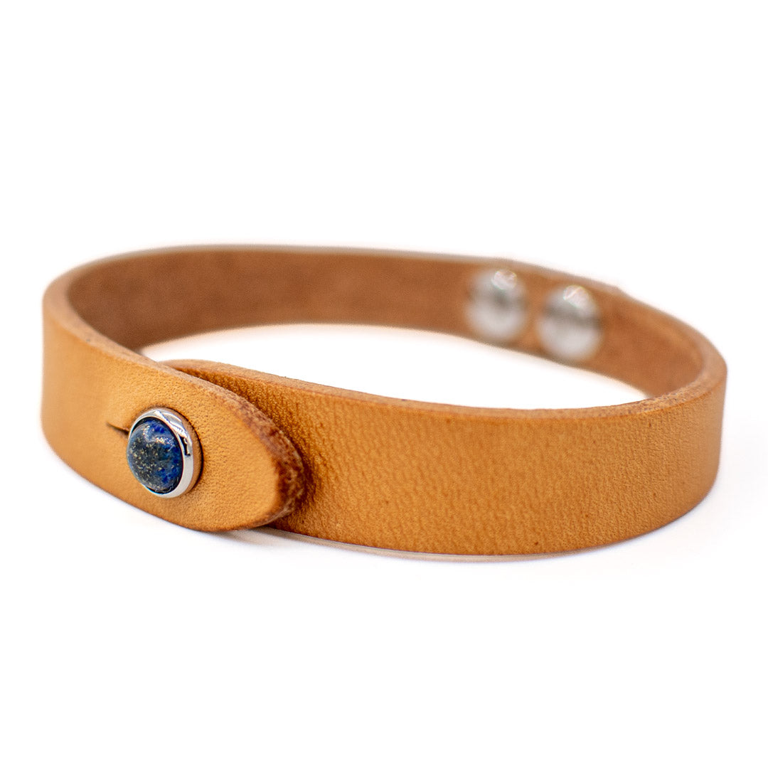 Bracciale pelle Tulsi io Lapislazzuli - Colore pelle naturale - Finitura palladio - Dettaglio pietra dura - Fatto a mano in Italia - Made in Italy