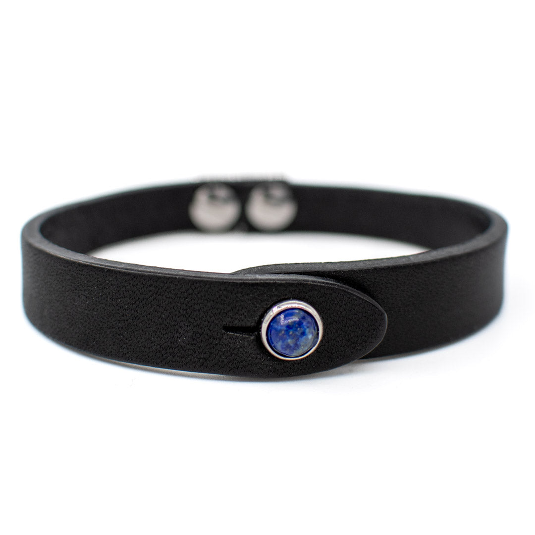 Bracciale pelle Tulsi io Lapislazzuli - Colore pelle nero - Finitura palladio - Dettaglio pietra dura - Fatto a mano in Italia - Made in Italy