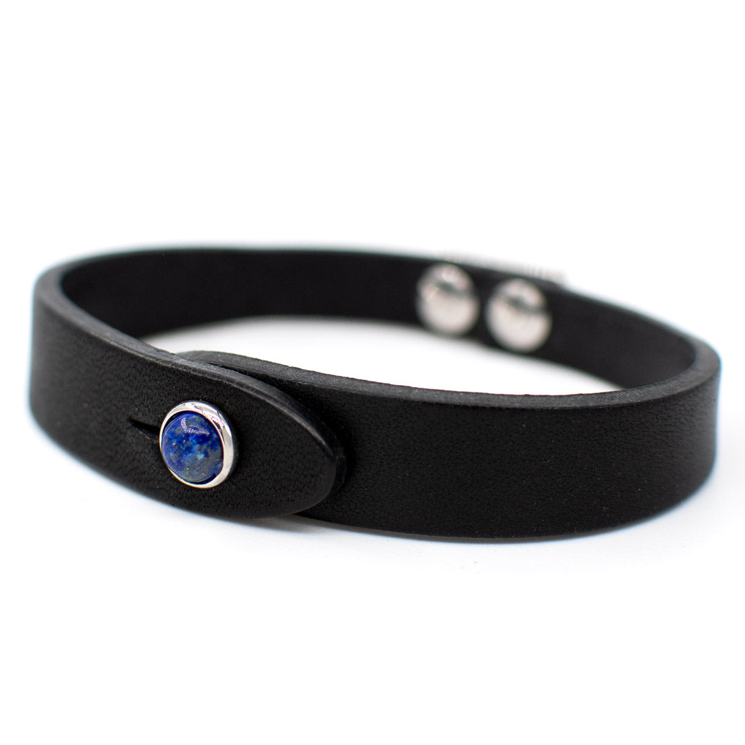 Bracciale pelle Tulsi io Lapislazzuli - Colore pelle nero - Finitura palladio - Dettaglio pietra dura - Fatto a mano in Italia - Made in Italy