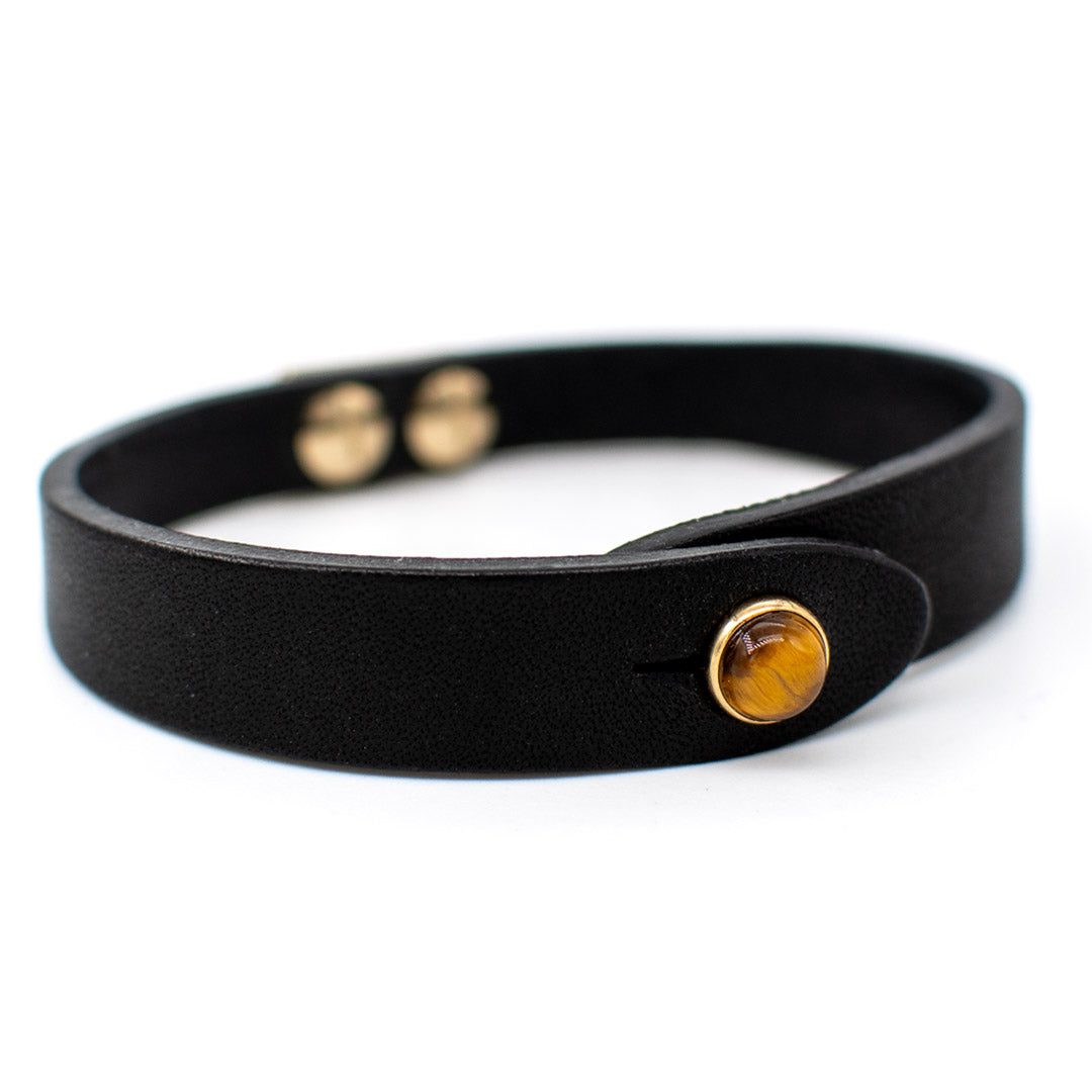 Bracciale pelle Tulsi io Occhio di Tigre -Colore pelle nero - Finitura oro - Dettaglio pietra dura - Fatto a mano in Italia - Made in Italy