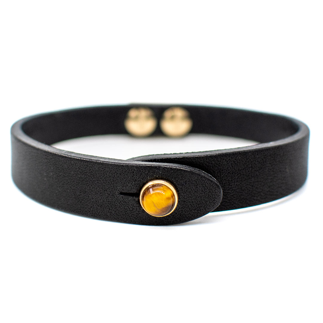 Bracciale pelle Tulsi io Occhio di Tigre -Colore pelle nero - Finitura oro - Dettaglio pietra dura - Fatto a mano in Italia - Made in Italy