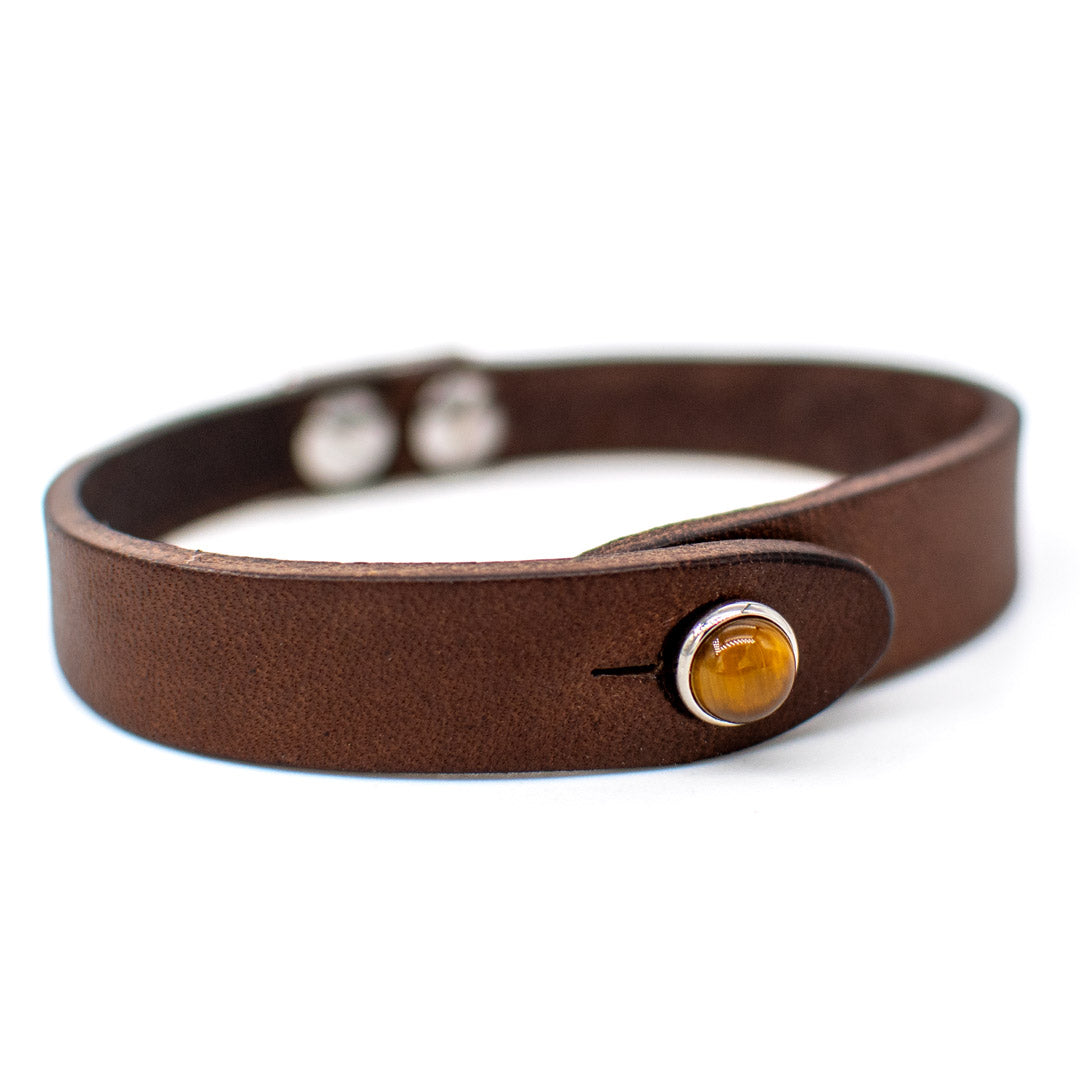 Bracciale pelle Tulsi io Occhio di Tigre - Colore pelle marrone - Finitura palladio - Dettaglio pietra dura - Fatto a mano in Italia - Made in Italy