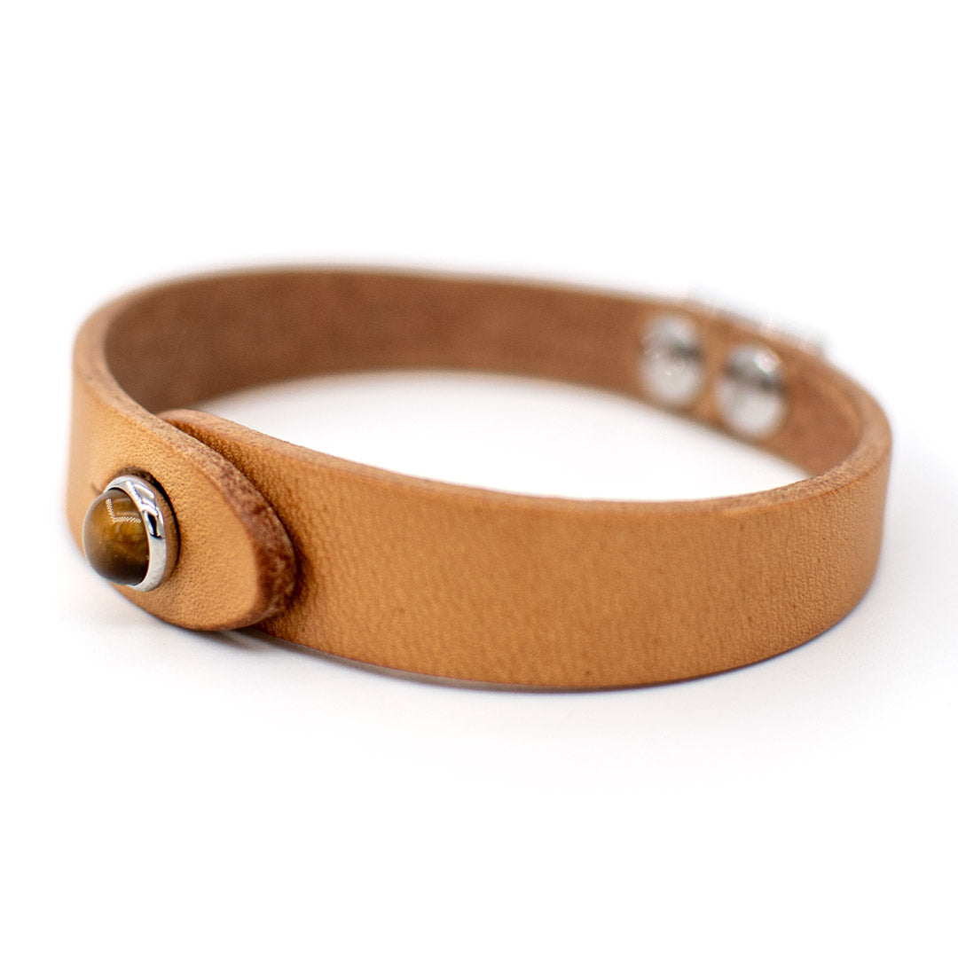Bracciale pelle Tulsi io Occhio di Tigre -Colore pelle naturale - Finitura palladio - Dettaglio pietra dura - Fatto a mano in Italia - Made in Italy