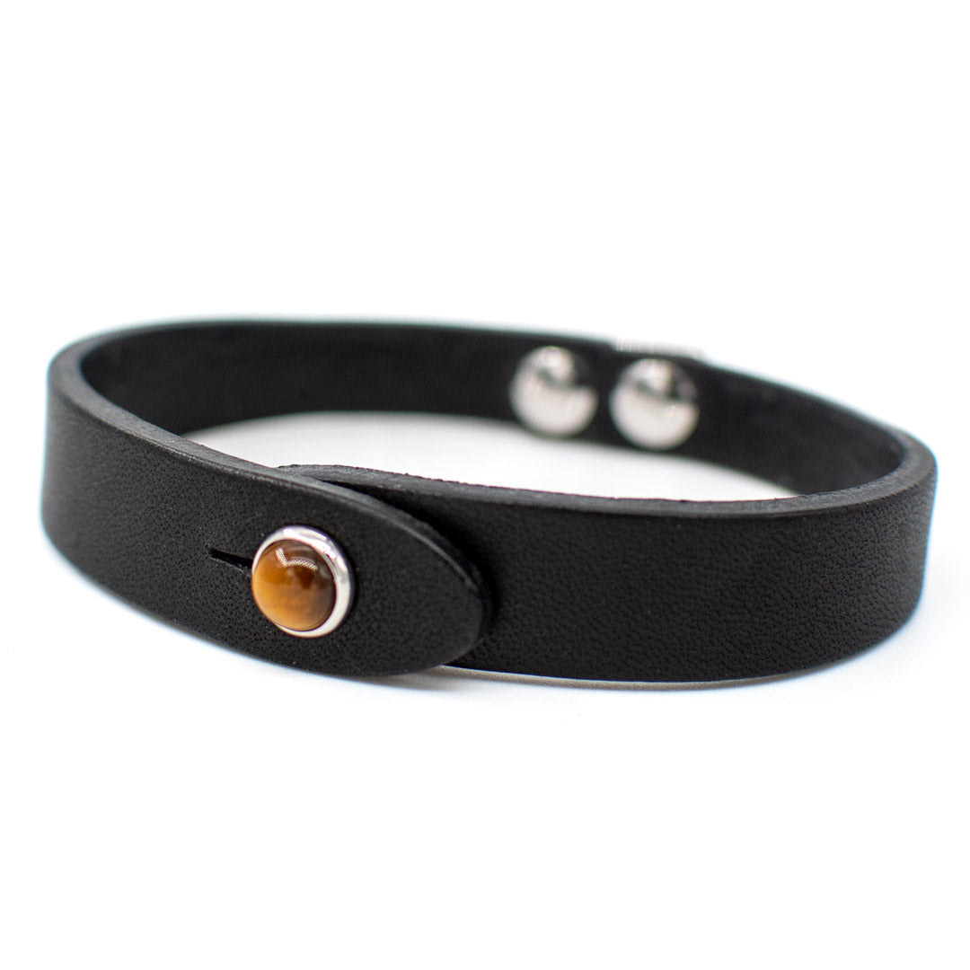 Bracciale pelle Tulsi io Occhio di Tigre - Colore pelle nero - Finitura palladio - Dettaglio pietra dura - Fatto a mano in Italia - Made in Italy