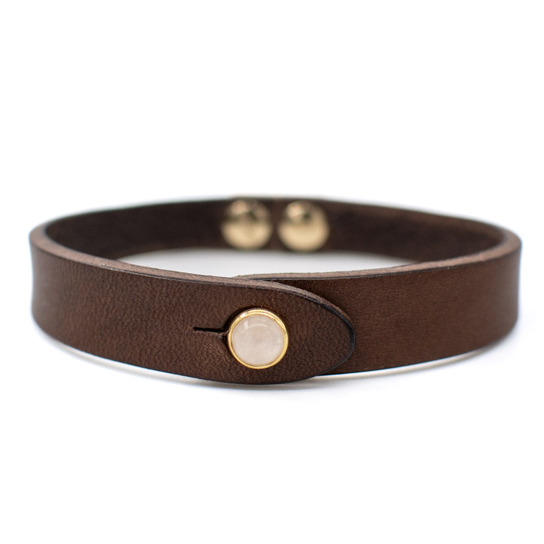Bracciale pelle Tulsi io Quarzo rosa - Colore pelle marrone - Finitura oro - Dettaglio pietra dura - Fatto a mano in Italia - Made in Italy