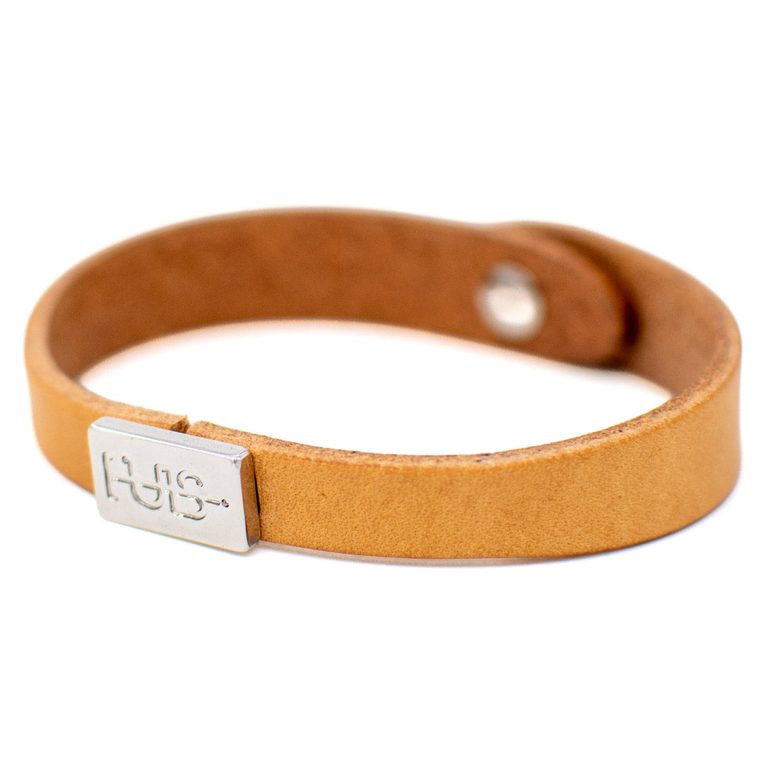 Bracciale pelle Tulsi io Quarzo rosa - Colore pelle naturale - Finitura palladio - Dettaglio logo - Fatto a mano in Italia - Made in Italy