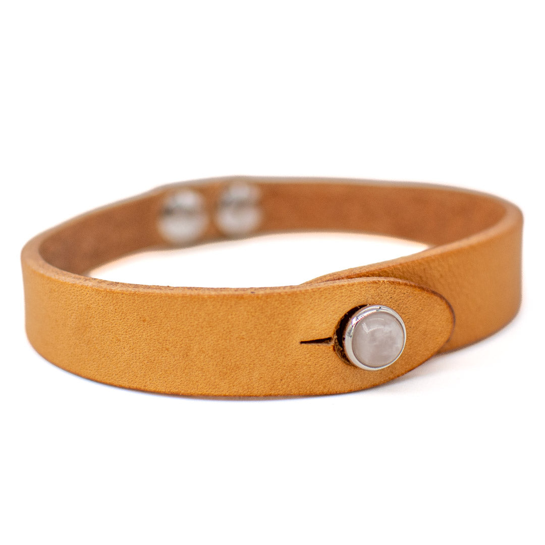 Bracciale pelle Tulsi io Quarzo rosa - Colore pelle naturale - Finitura palladio - Dettaglio pietra dura - Fatto a mano in Italia - Made in Italy
