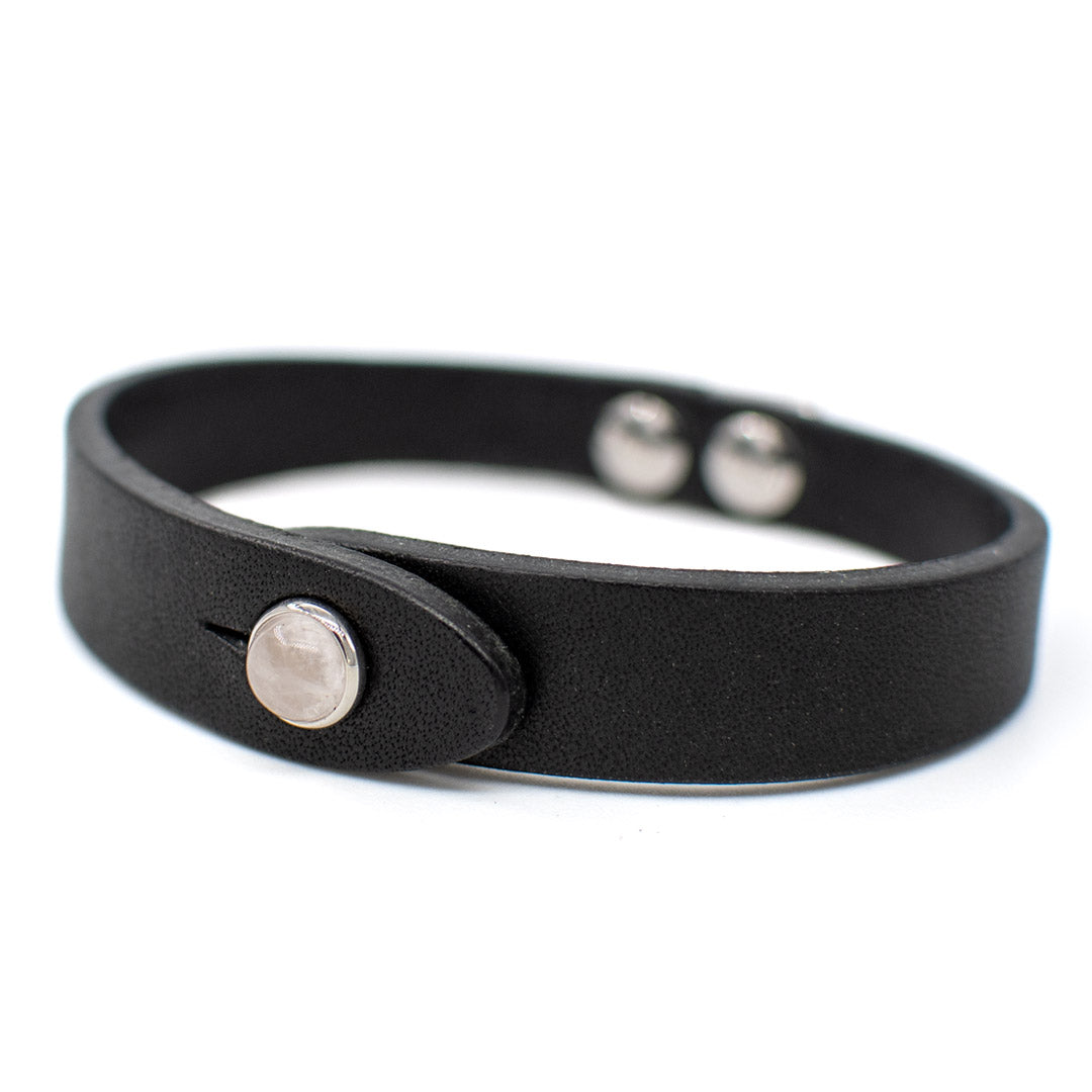Bracciale pelle Tulsi io Quarzo rosa - Colore pelle nera - Finitura palladio - Dettaglio pietra dura - Fatto a mano in Italia - Made in Italy