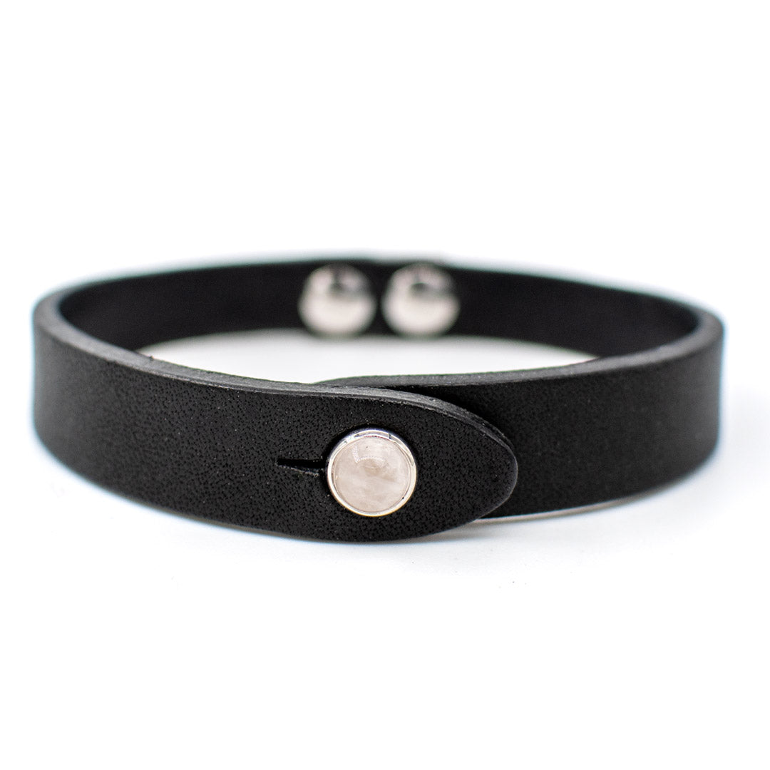 Bracciale pelle Tulsi io Quarzo rosa - Dettaglio pietra dura - Colore pelle nera - Finitura palladio - Dettaglio pietra dura - Fatto a mano in Italia - Made in Italy