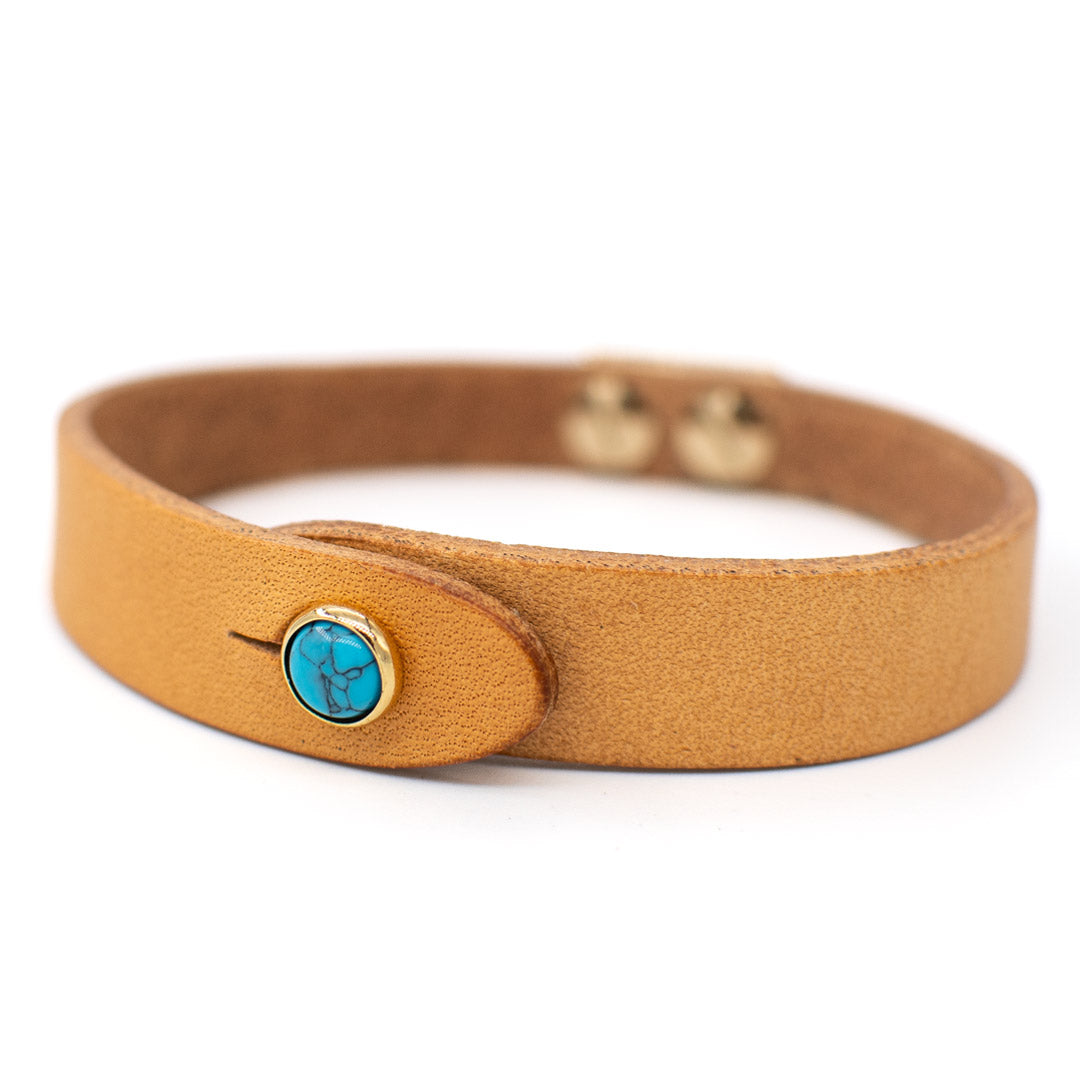 Bracciale pelle Tulsi io Turchese - Colore pelle naturale - Finitura oro - Dettaglio pietra dura - Fatto a mano in Italia - Made in Italy