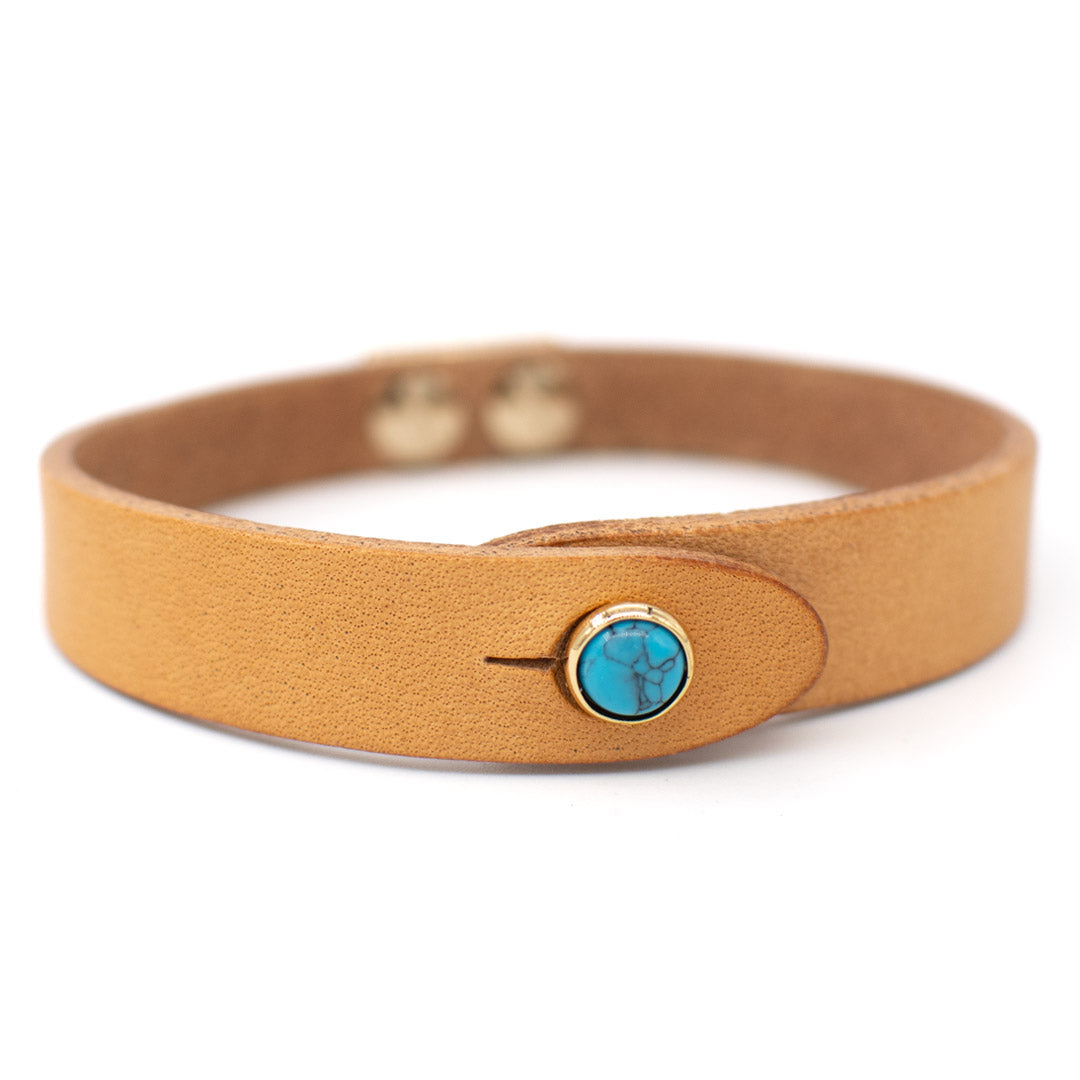 Bracciale pelle Tulsi io Turchese - Colore pelle naturale - Finitura oro - Dettaglio pietra dura - Fatto a mano in Italia - Made in Italy