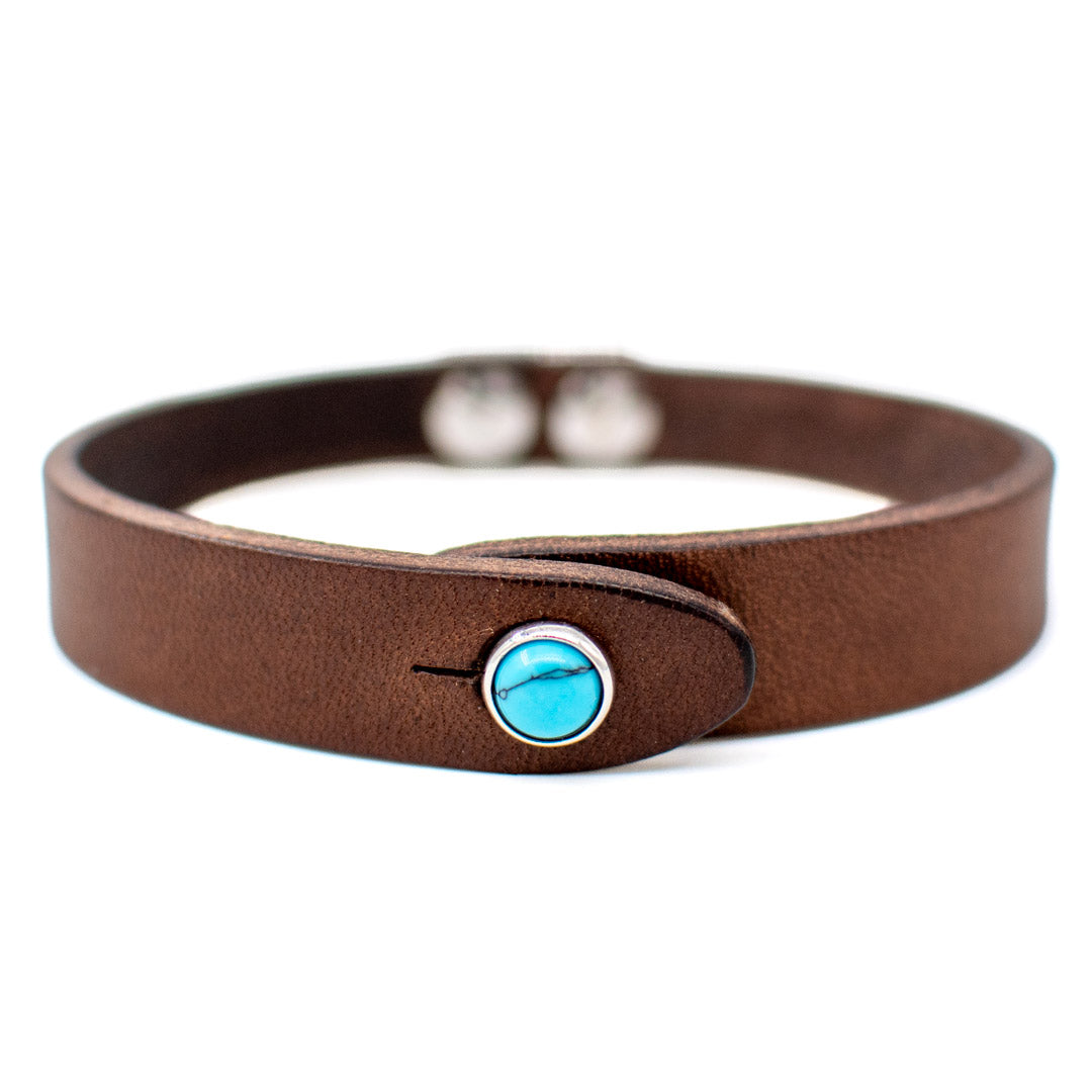 Bracciale pelle Tulsi io Turchese - Colore pelle marrone - Finitura palladio - Dettaglio pietra dura - Fatto a mano in Italia - Made in Italy