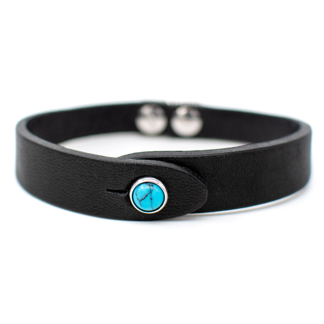 Bracciale pelle Tulsi io Turchese - Colore pelle nero - Finitura palladio - Dettaglio pietra dura - Fatto a mano in Italia - Made in Italy