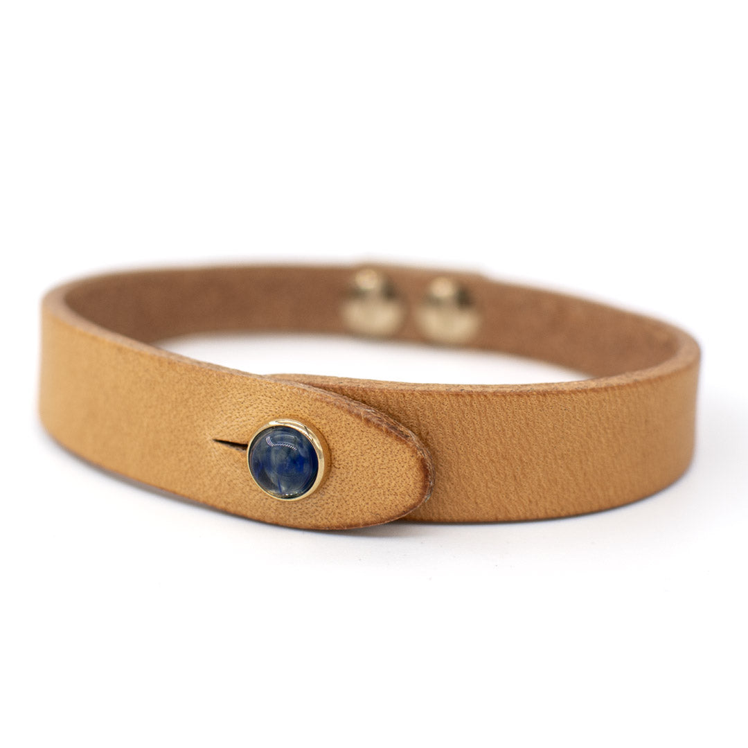 Bracciale pelle Tulsi io Watermelon blu - Fronte - Colore pelle naturale - Finitura oro - Dettaglio pietra dura - Fatto a mano in Italia - Made in Italy