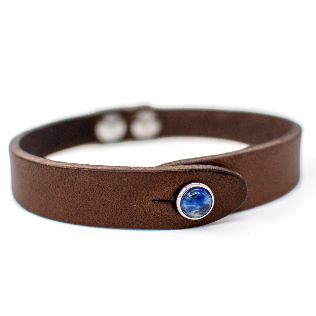 Bracciale pelle Tulsi io Watermelon blu - Dettaglio pietra - Finitura palladio - Colore pelle marrone - Dettaglio pietra dura - Fatto a mano in Italia