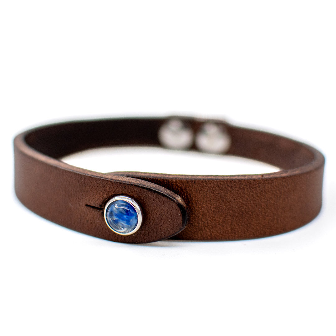 Bracciale pelle Tulsi io Watermelon blu - Colore pelle marrone - Dettaglio pietra dura - Finitura palladio - Fatto a mano in Italia - Made in Italy