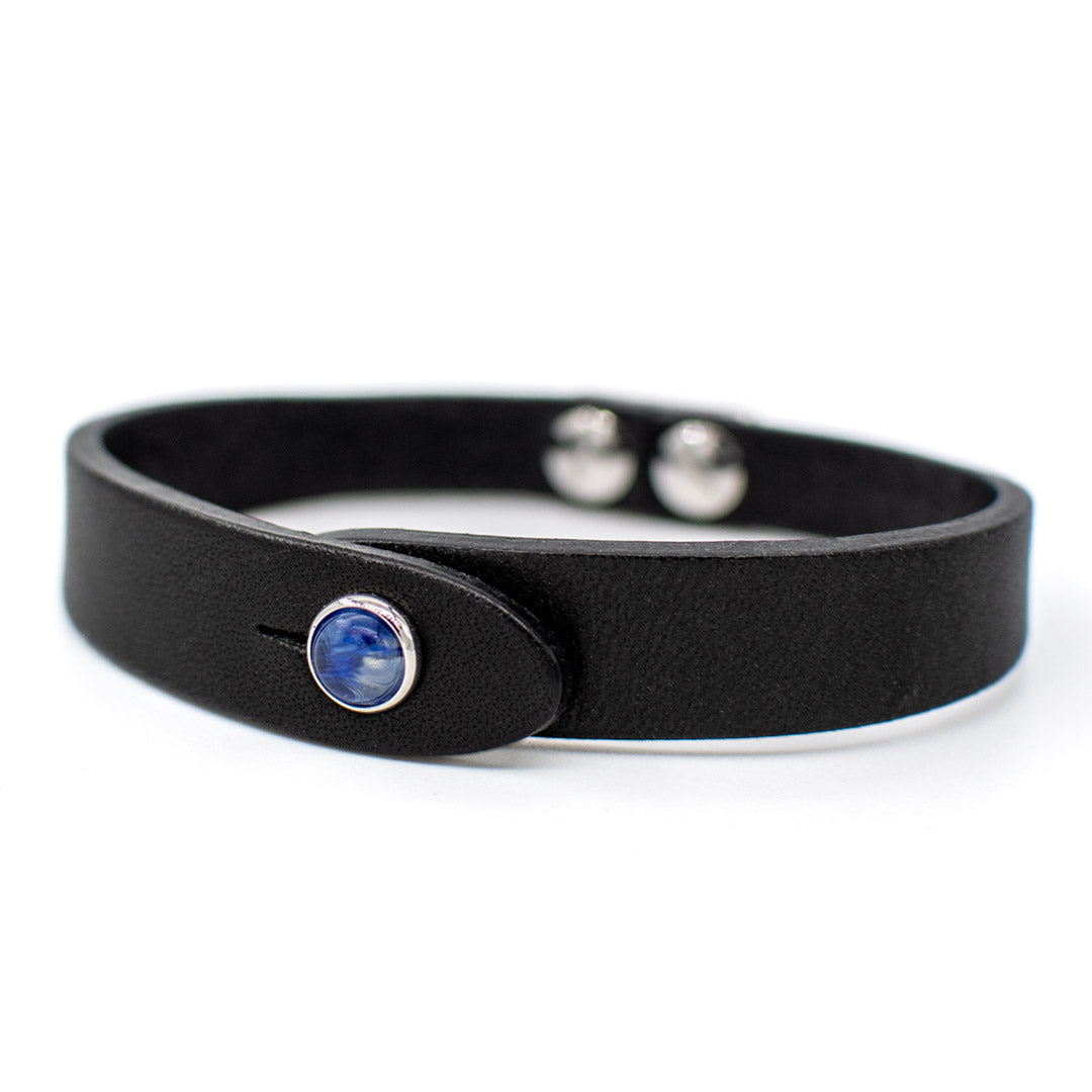 Bracciale pelle Tulsi io Watermelon blu - Fronte - Colore pelle nera - Finitura palladio - Dettaglio pietra dura - Fatto a mano in Italia - Made in Italy
