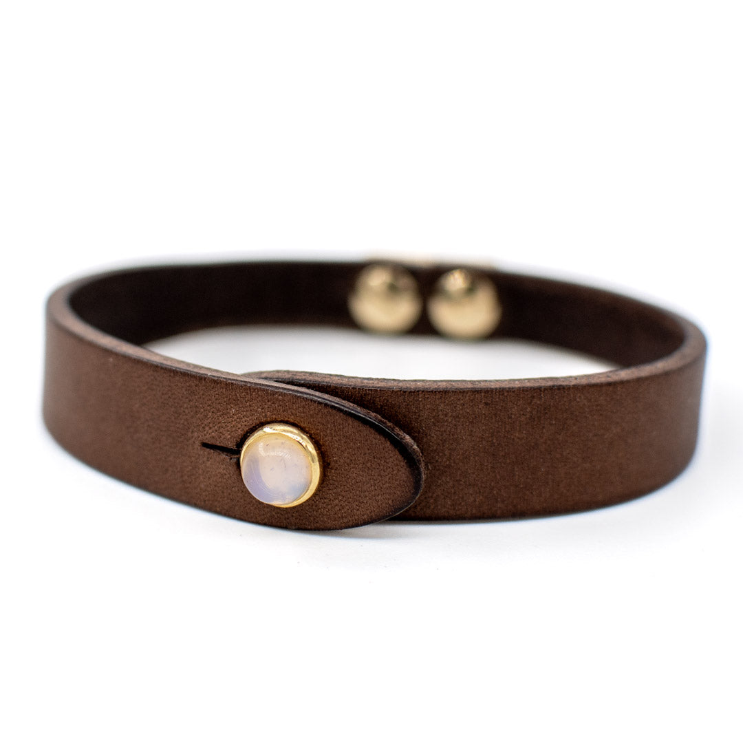 Bracciale pelle Tulsi io White Onix - Colore pelle marrone - Finitura oro - Dettaglio laterale pietra dura - Fatto a mano in Italia - Made in Italy