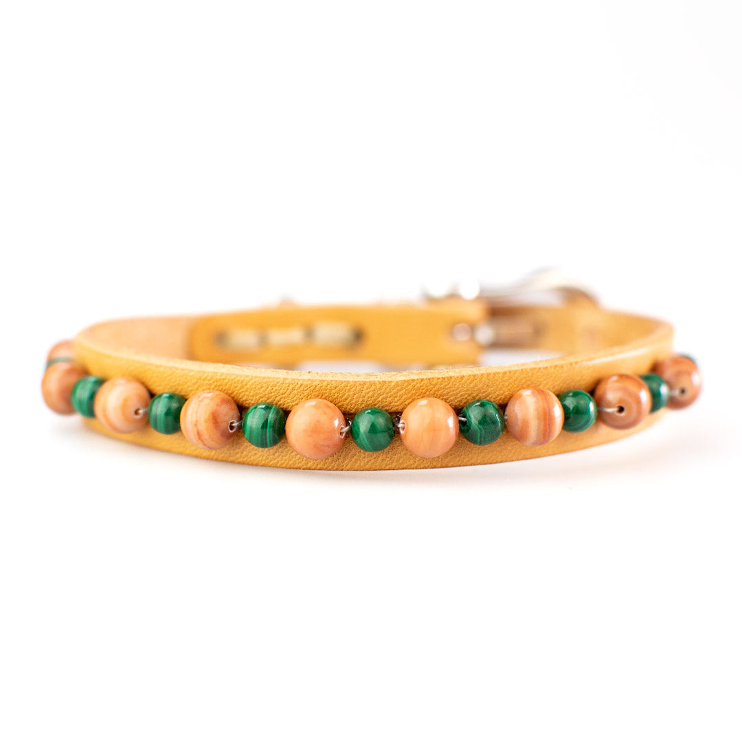 Bracciale pelle Tulsi Isola 01 - Pelle naturale  - Pietre dure Mud Line Stone e Occhio di Tigre verde - Fronte