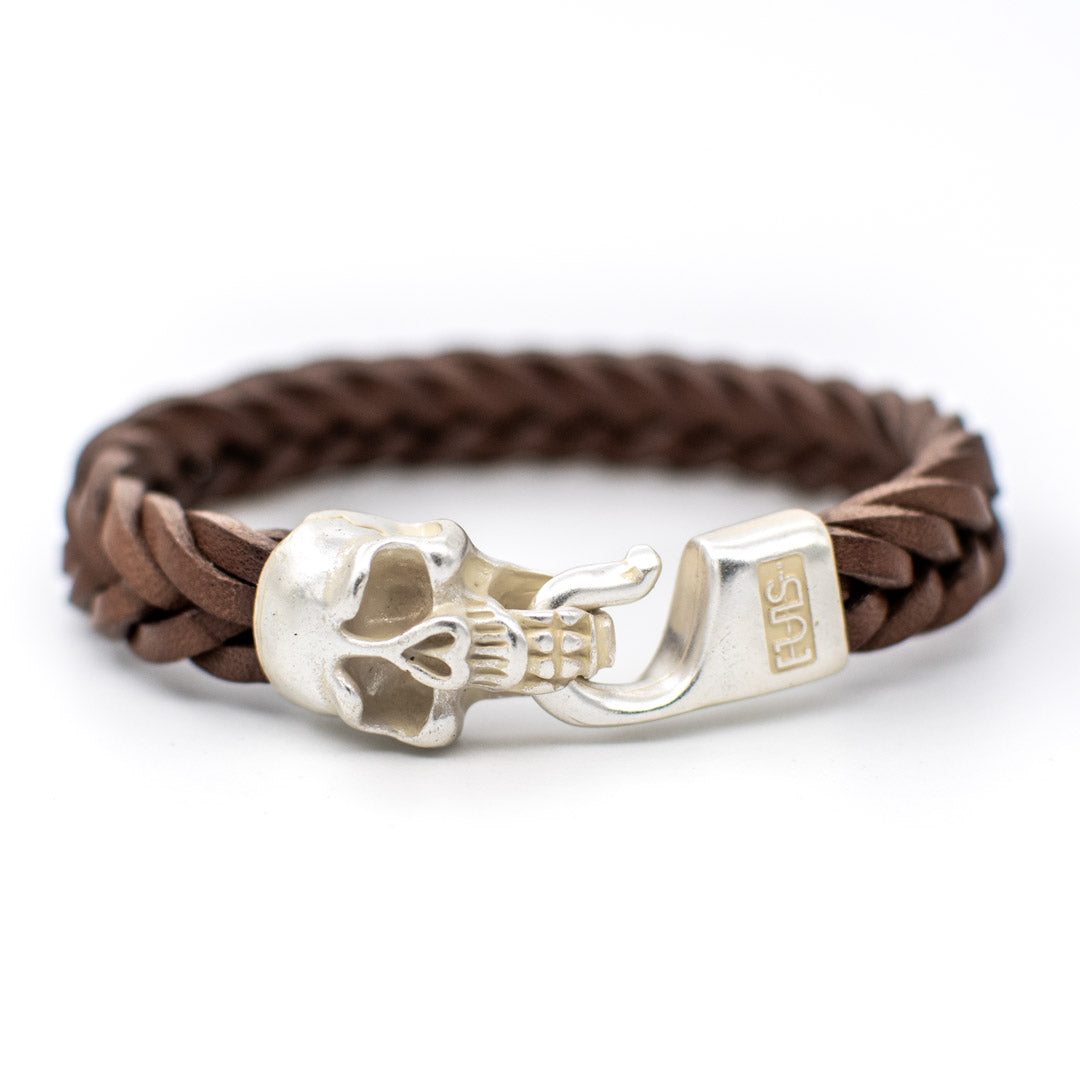 Bracciale pelle Tulsi Jolly Roger - Chiusura colore argento - Pelle Marrone