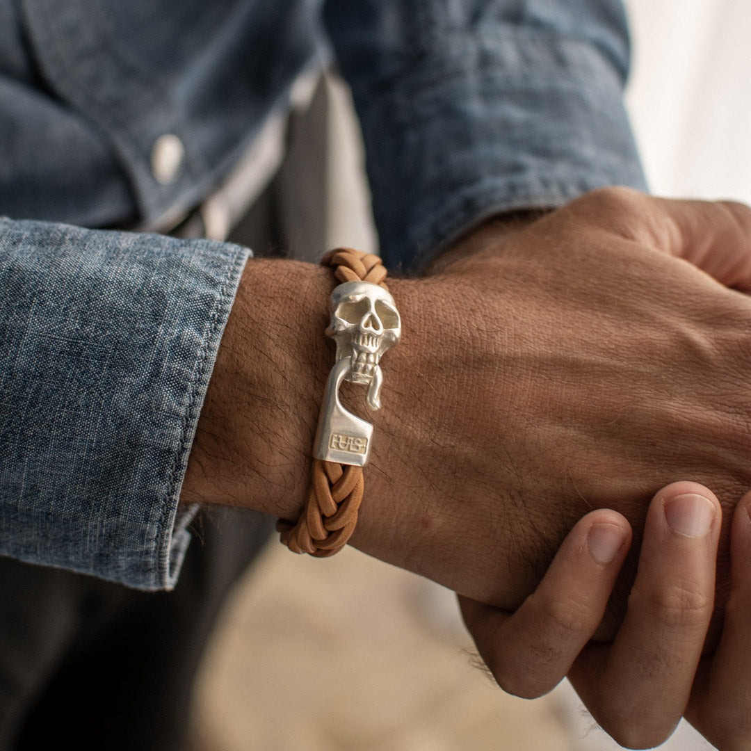 Bracciale pelle Tulsi Jolly Roger - Chiusura colore argento - Pelle Naturale