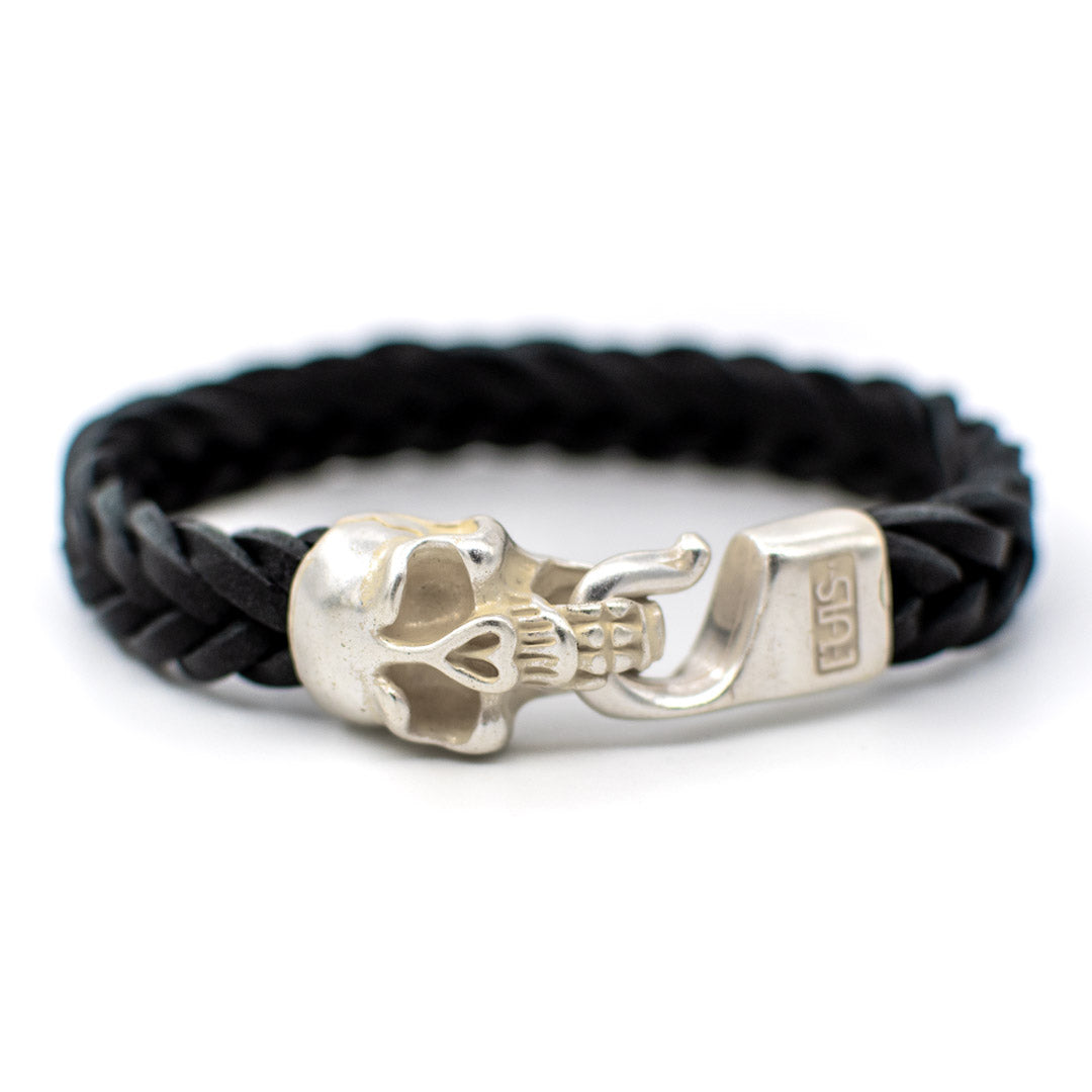 Bracciale pelle Tulsi Jolly Roger - Chiusura colore argento - Pelle Nera