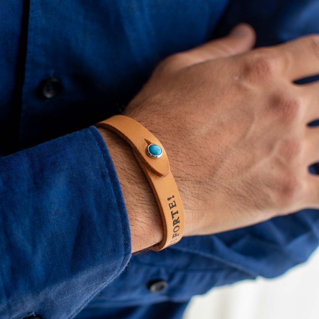 Bracciale pelle Tulsi io Turchese - Colore pelle naturale - Finitura palladio - Dettaglio pietra dura - Fatto a mano in Italia - Made in Italy