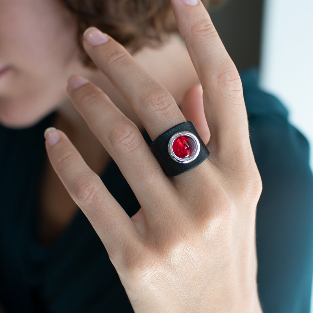 Aqua Palladium Cranberry Tulsi Leather Ring - Main Image