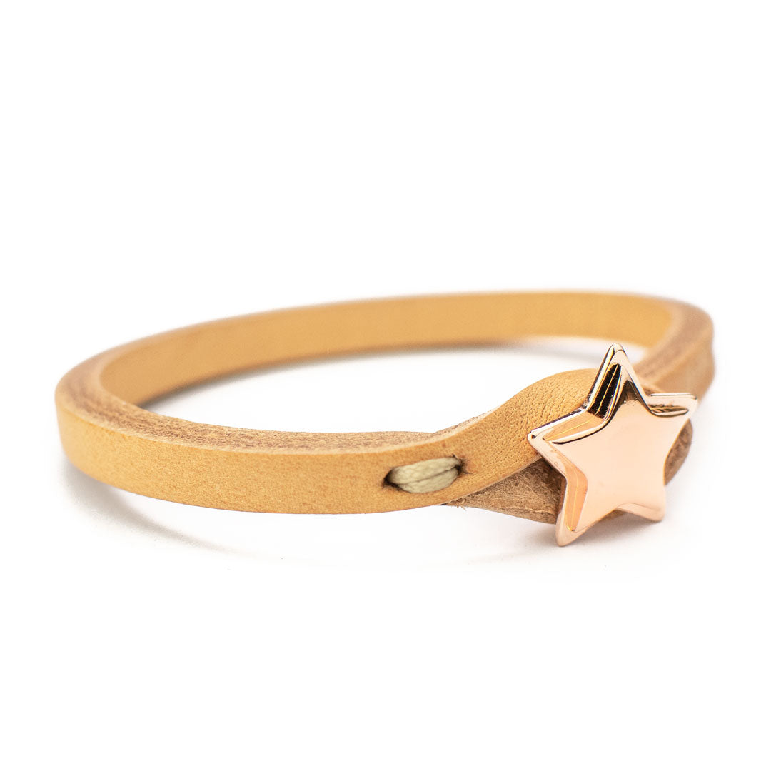 Bracciale pelle uomo o donna - Collezione Tulsi Stelle Belle - Chiusura a stella in colore oro rosa - Pelle italiana in Concia Vegetale in colore naturale - Interamente realizzato a mano - 100% Made in Italy - Detaglio cucitura